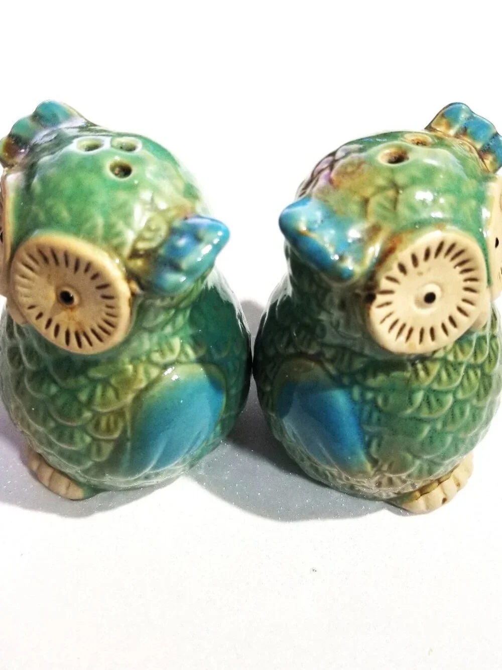 Vintage Ceramic Owl Salt & Pepper Shakers Green Blue Glazed Stoneware Pair